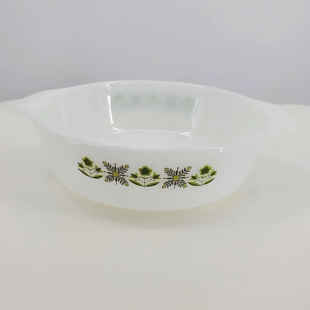 Vintage Anchor Hocking Co Meadow Green‎ Print 2 Circle Casserole Dishes